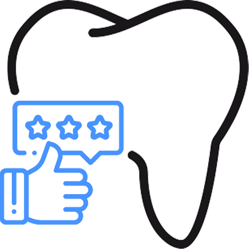 A tooth with a hand holding a speech bubble with stars on it.