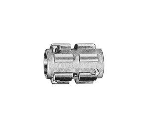 A close up of a metal connector on a white background.