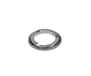 A close up of a metal ring on a white background.