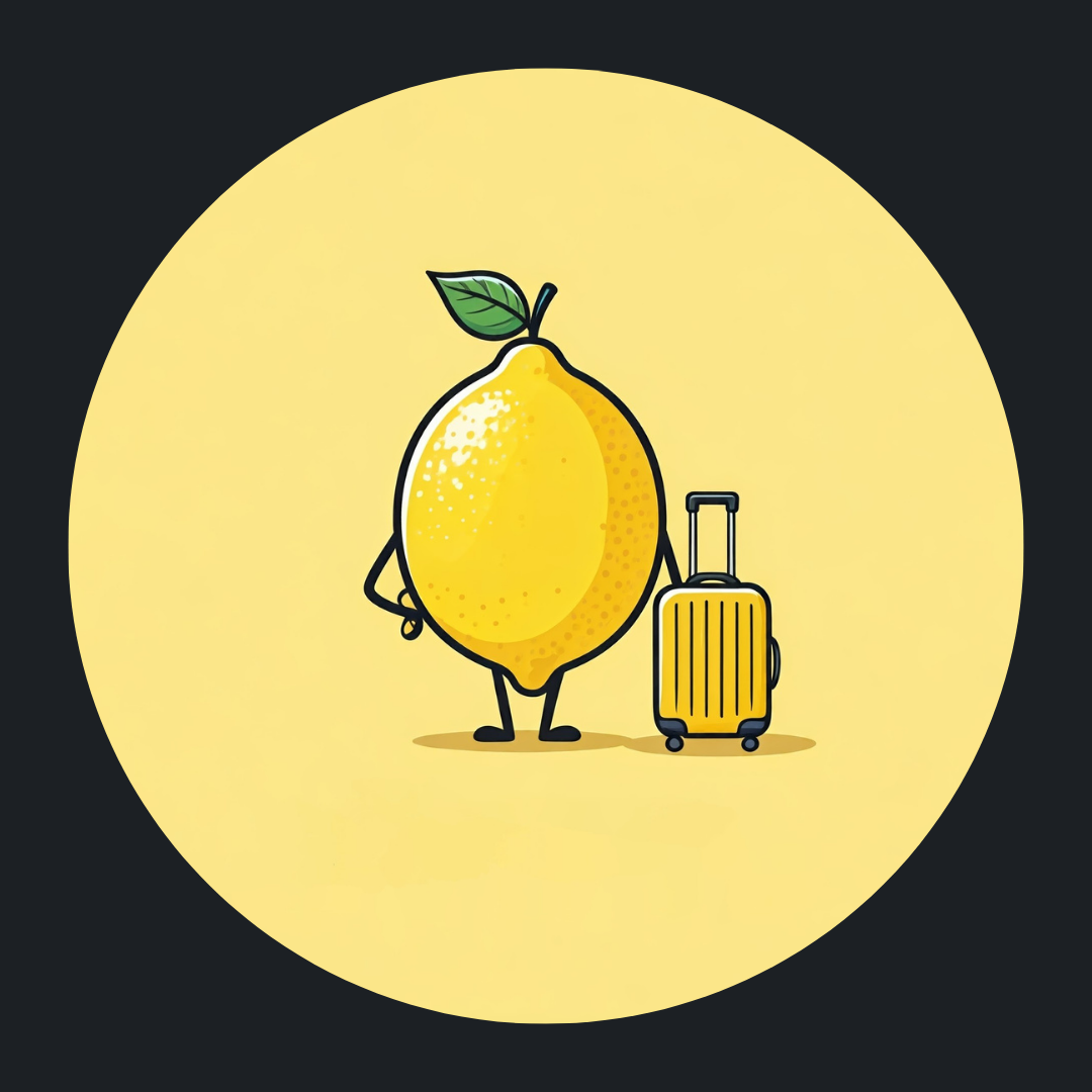 Personnage de dessin animé de citron avec une valise, debout à l'intérieur d'un cercle jaune.