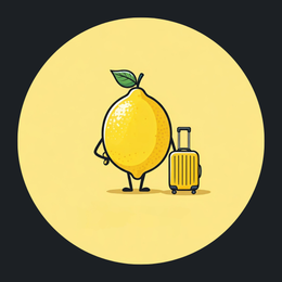 Personnage de dessin animé de citron avec une valise, debout à l'intérieur d'un cercle jaune.