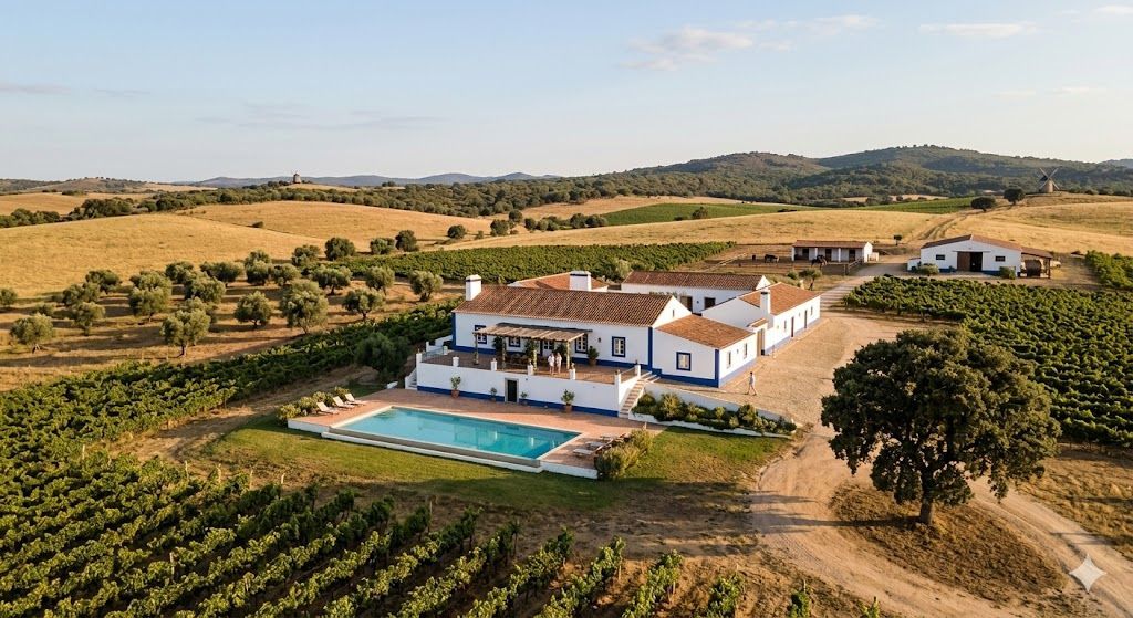 Ferme rustique avec une piscine turquoise, entourée de champs et d’arbres sous un ciel dégagé.