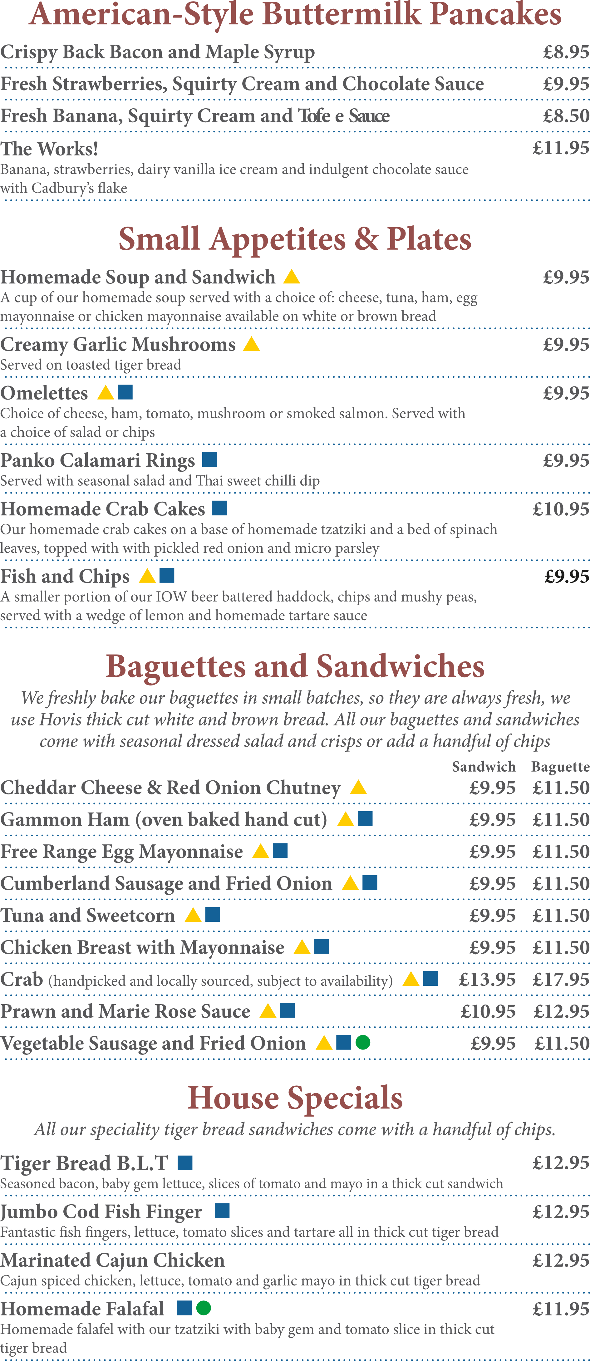 A menu for a restaurant shows a variety of food and drinks.