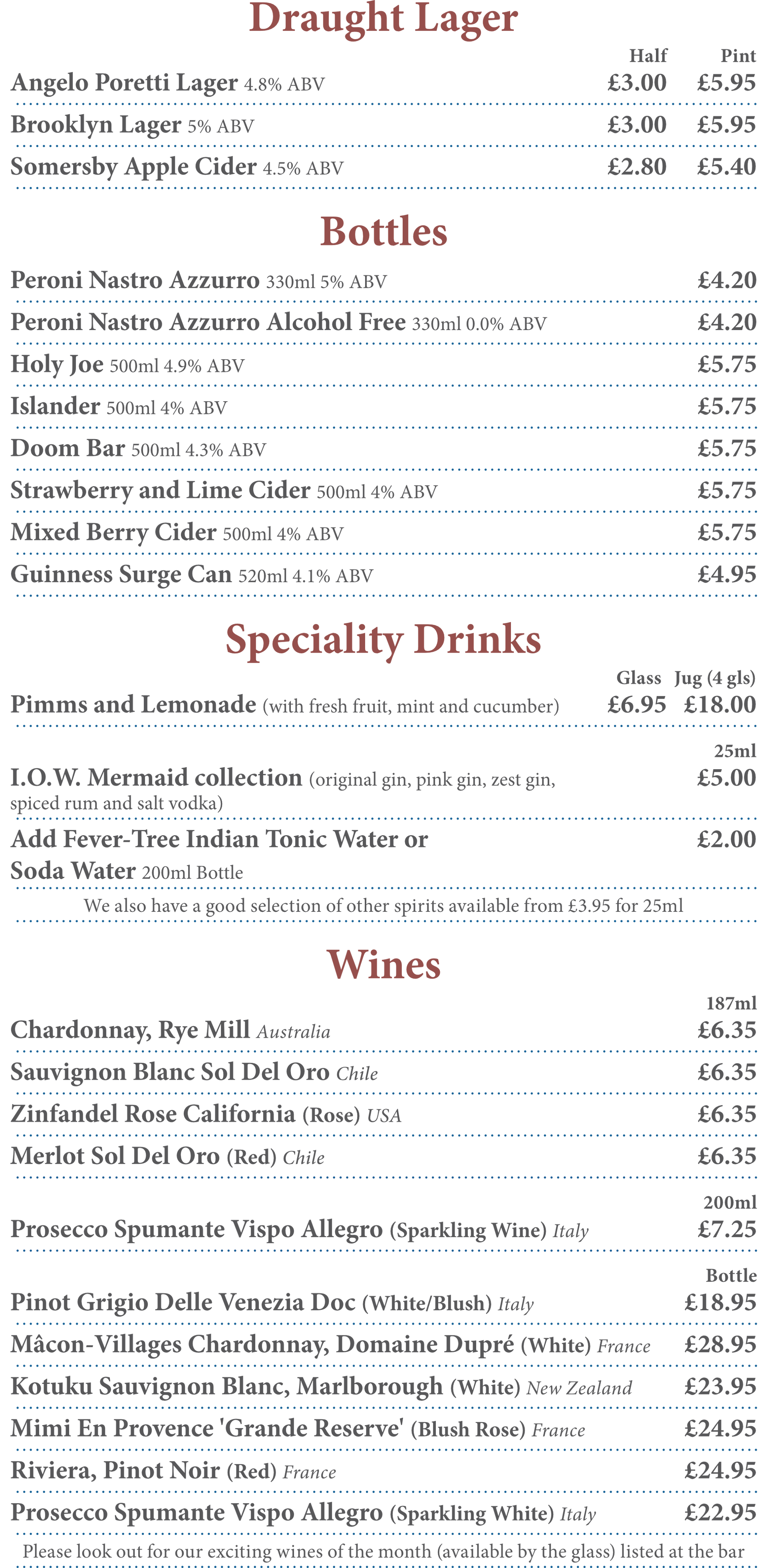 A menu for a restaurant shows bottles and specialty drinks.