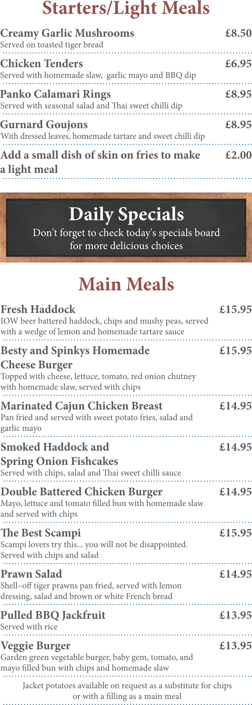 A menu for a restaurant with daily specials and main meals