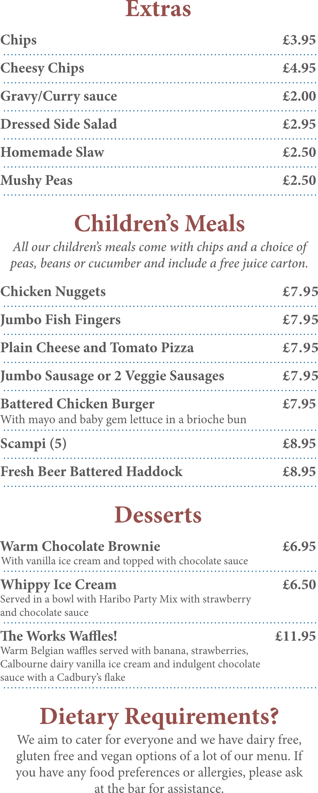 A menu for a restaurant with children 's meals and desserts