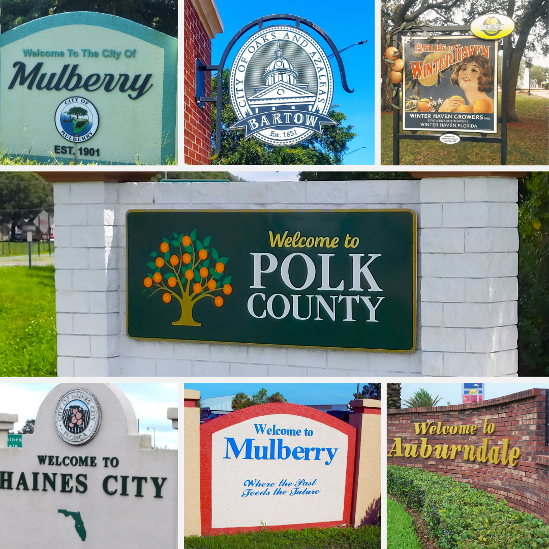 A collage of welcome signs for different places including mulberry haines city and polk county