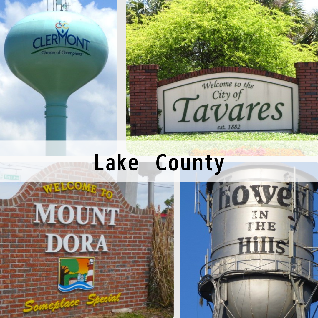 A collage of signs for lake county including mount dora