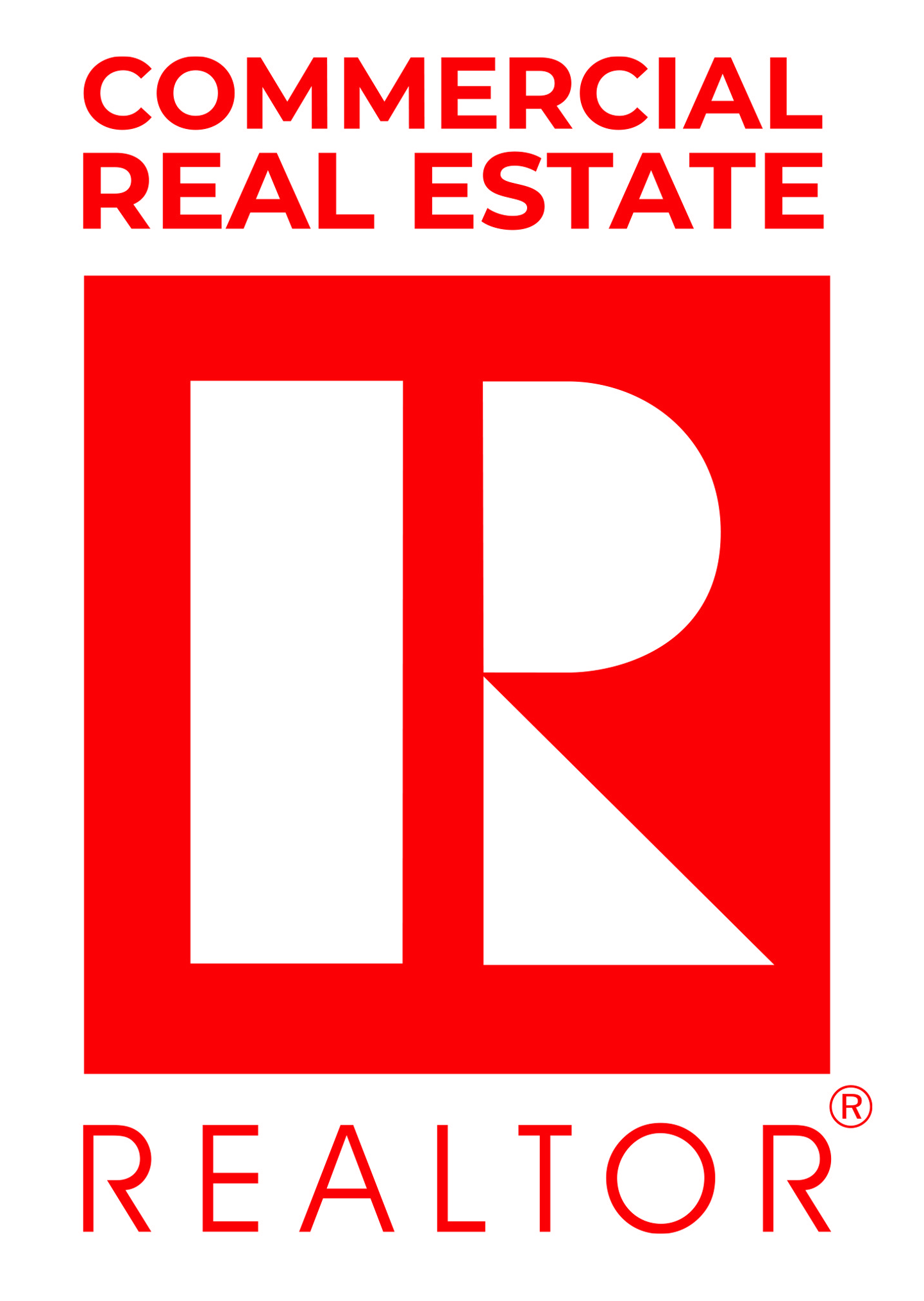 A red and white logo for a commercial real estate realtor.