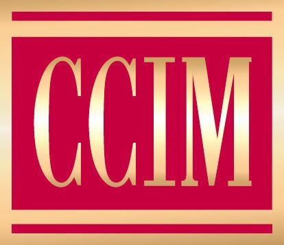 A pink and gold logo for ccim with a gold border