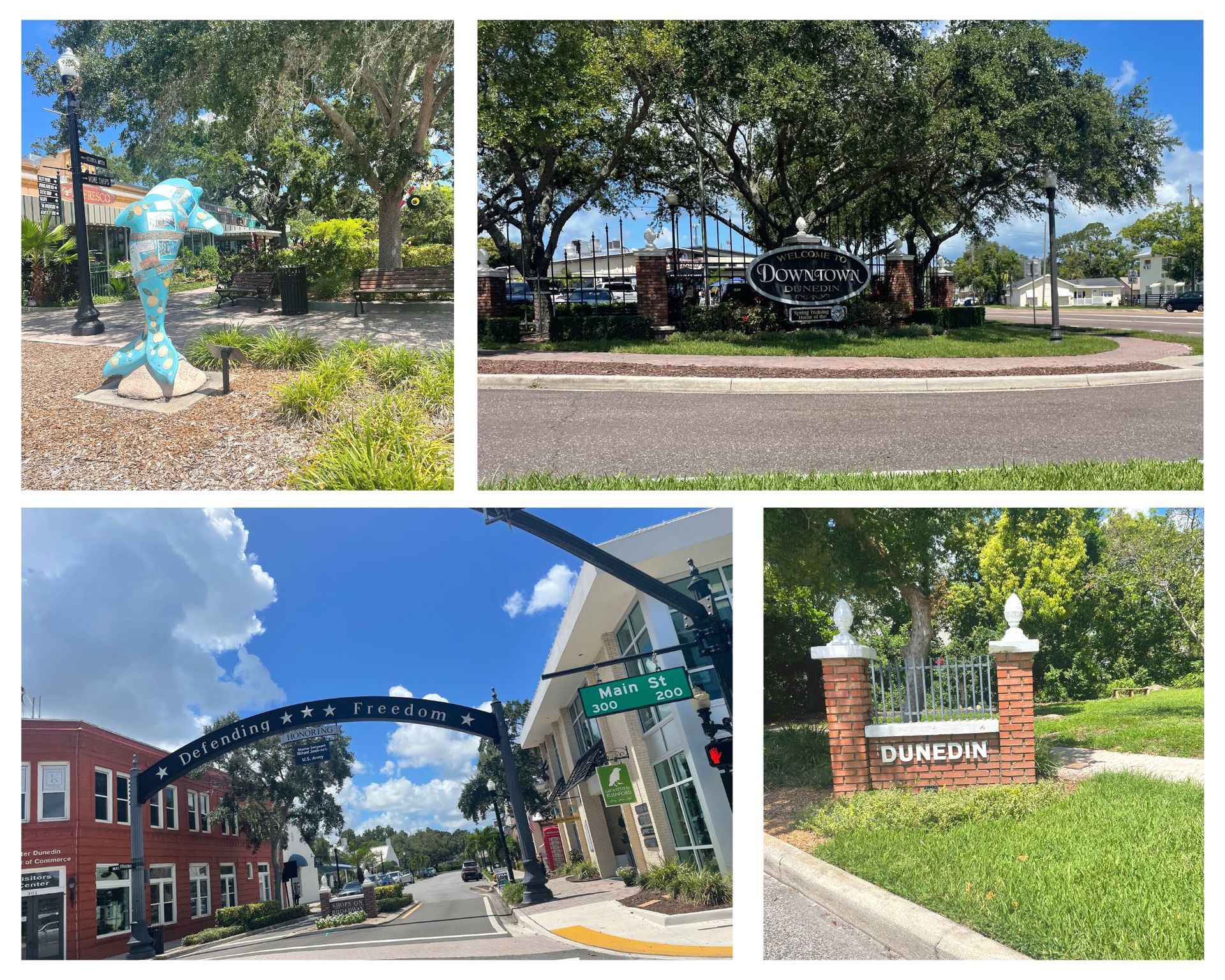 A collage of four pictures of a city street with trees and buildings.
