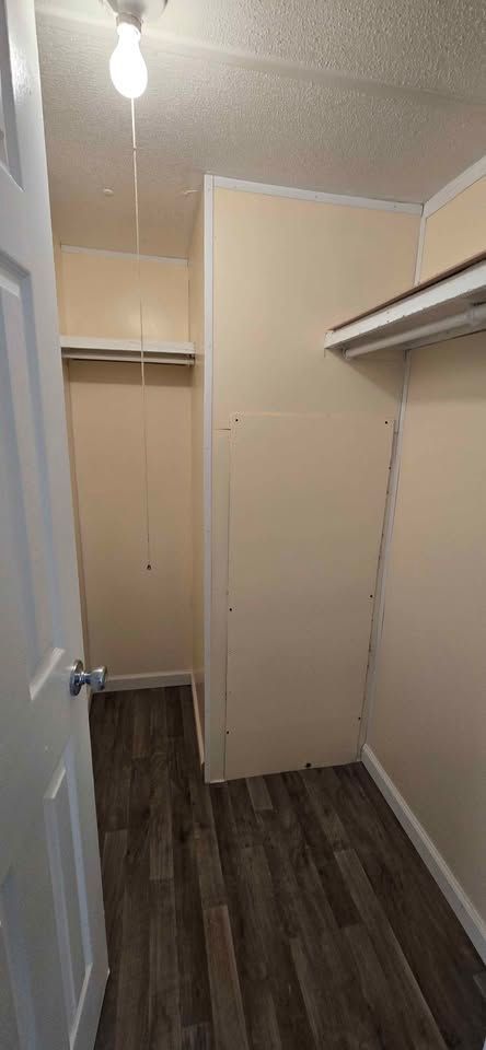 Empty beige walk-in closet with hanging rods, dark wood floor, and a single bulb overhead.