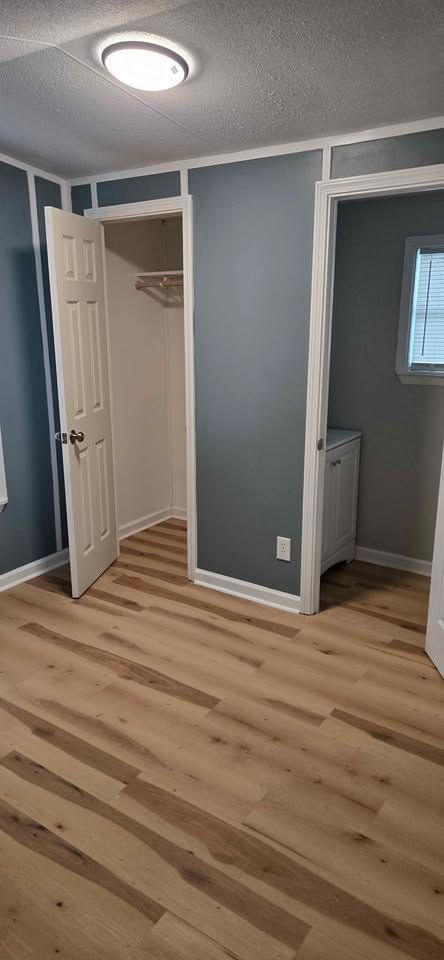 Empty room with light wood floors, blue-gray walls, white trim, an open closet, and a small window.