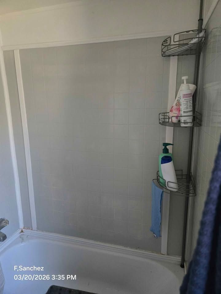 Bathtub shower with gray curtain, wall caddy, and cleaning supplies in a bathroom.