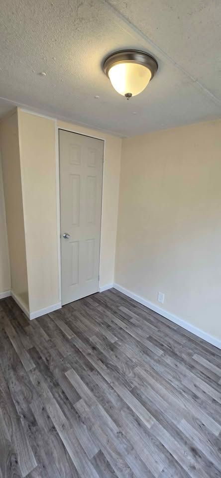 Empty small room with beige walls, white closet door, ceiling light, and wood-look flooring.
