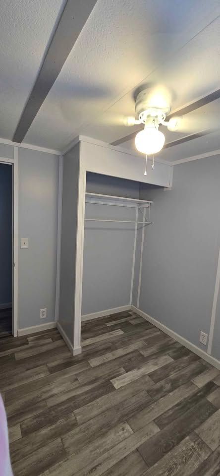 Empty gray bedroom closet with open hanging rod, wood-look flooring, and ceiling fan light.