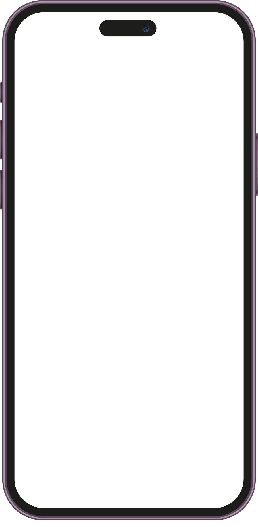 A purple cell phone with a white screen on a white background.
