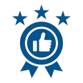 A blue medal with three stars and a thumbs up in the center.