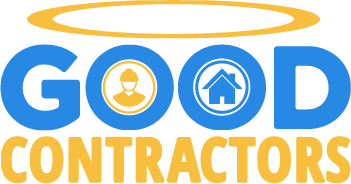 Logo for Good Contractors featuring blue text, a yellow halo, and icons of a construction worker and a house.