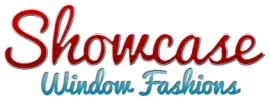 Logo for Showcase Window Fashions, with the word "Showcase" in red script and "Window Fashions" in blue script below.