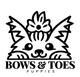 Bows & Toes Puppies logo with a playful puppy face and bow in black and white