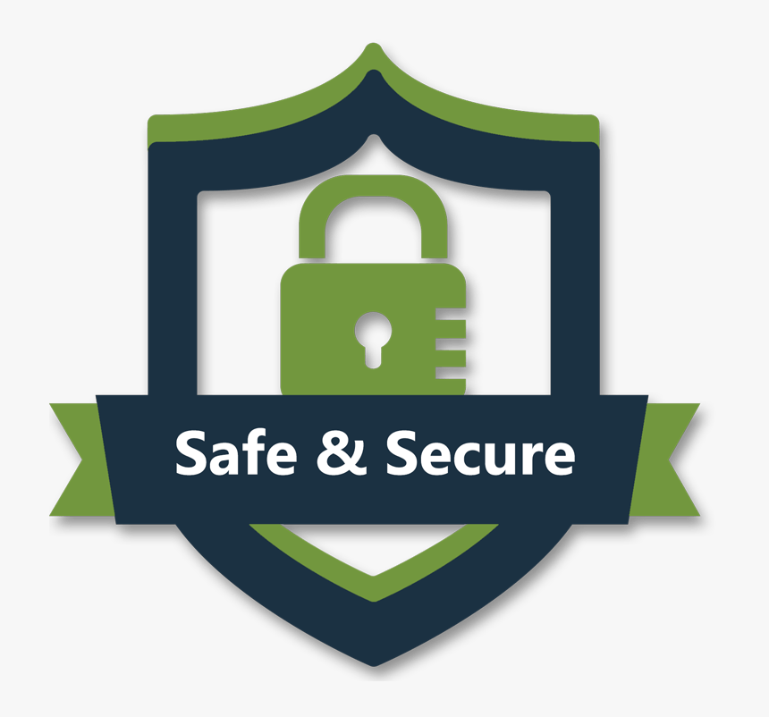 Shield icon with a padlock, green and navy colors, text reads “Safe & Secure”.
