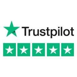 Trustpilot logo with a green star and four green boxes each containing a white star.