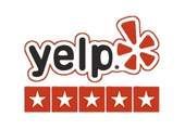 Yelp logo with the word "yelp" in black and a red starburst icon, below it are five red stars.