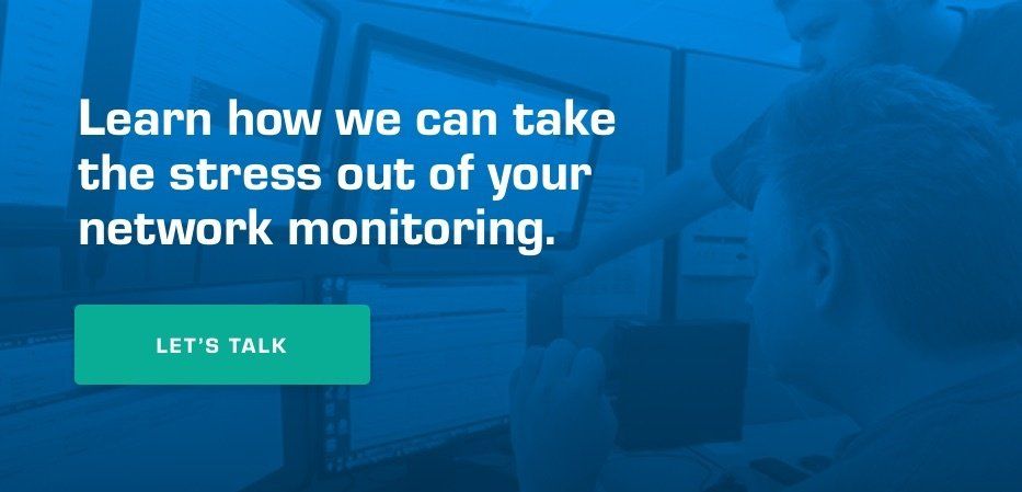 A blue background with the words learn how we can take the stress out of your network monitoring