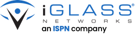 A blue and black logo for iglass networks