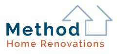 Method Home Renovations logo with teal house roof outline and orange text on white background