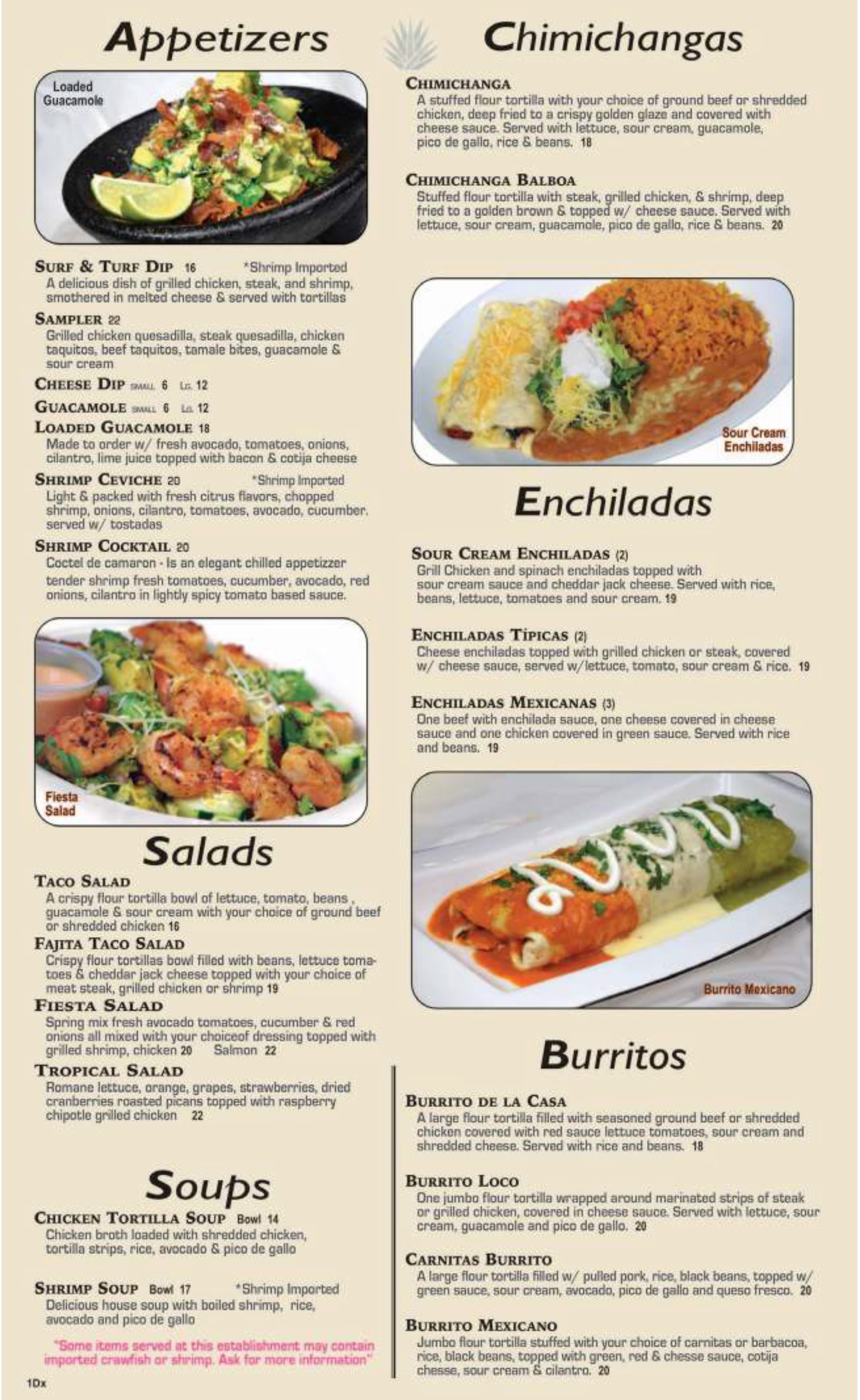 A menu for a mexican restaurant shows appetizers , enchiladas , salads , soups and burritos.