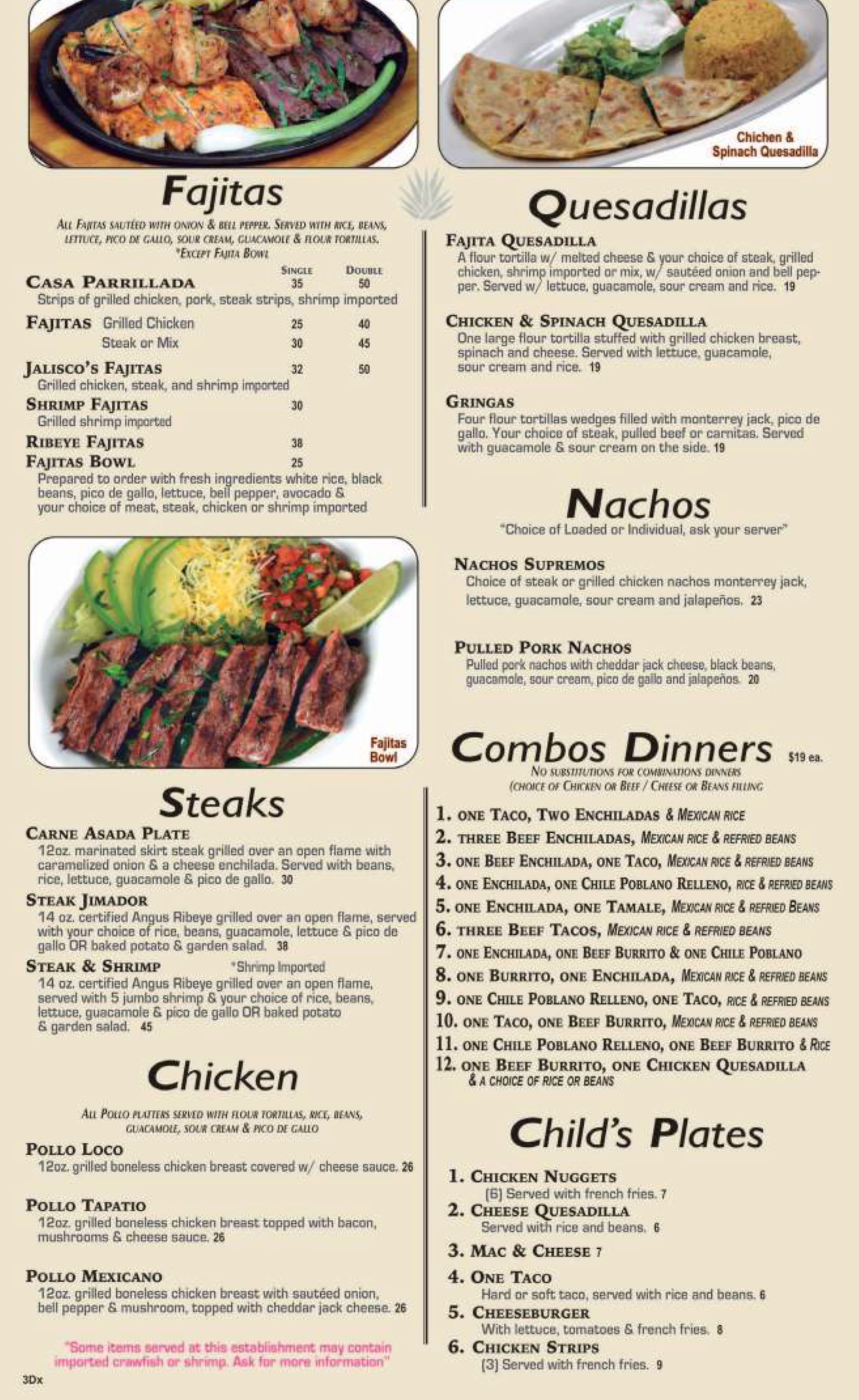 A menu for a mexican restaurant with steaks , fajitas , quesadillas , nachos , and chicken.