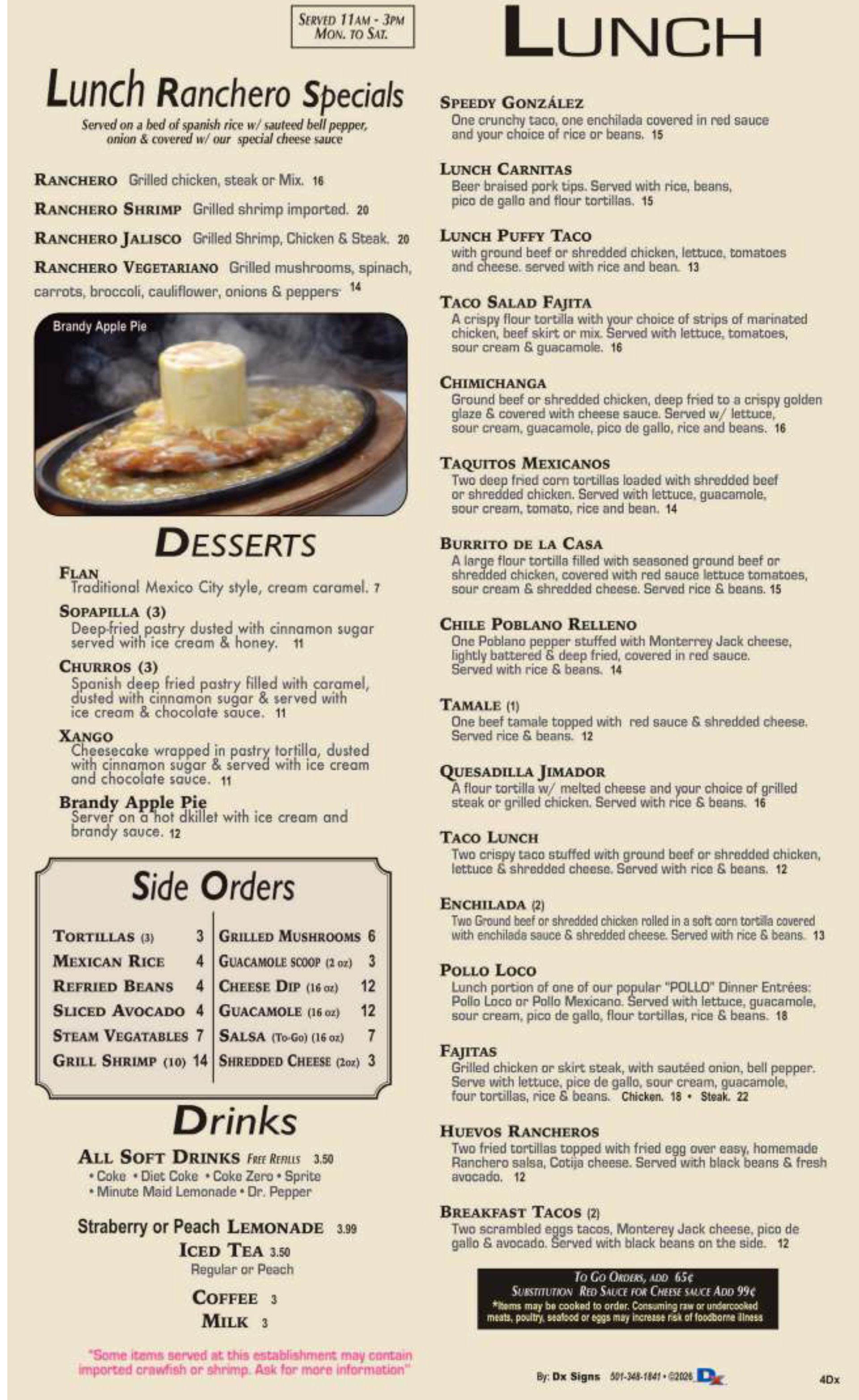 A menu for a restaurant called lunch ranchero steaks