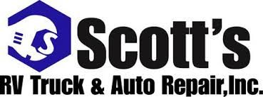 Logo for Scott's RV Truck & Auto Repair, Inc. Features blue hexagon with vehicle/wrench graphic, black text.