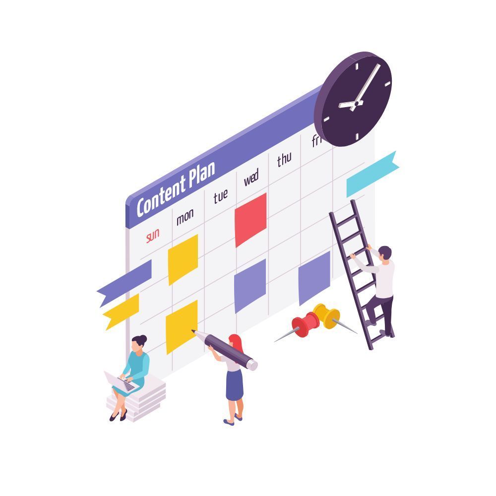 Isometric view of people working on a content plan calendar.