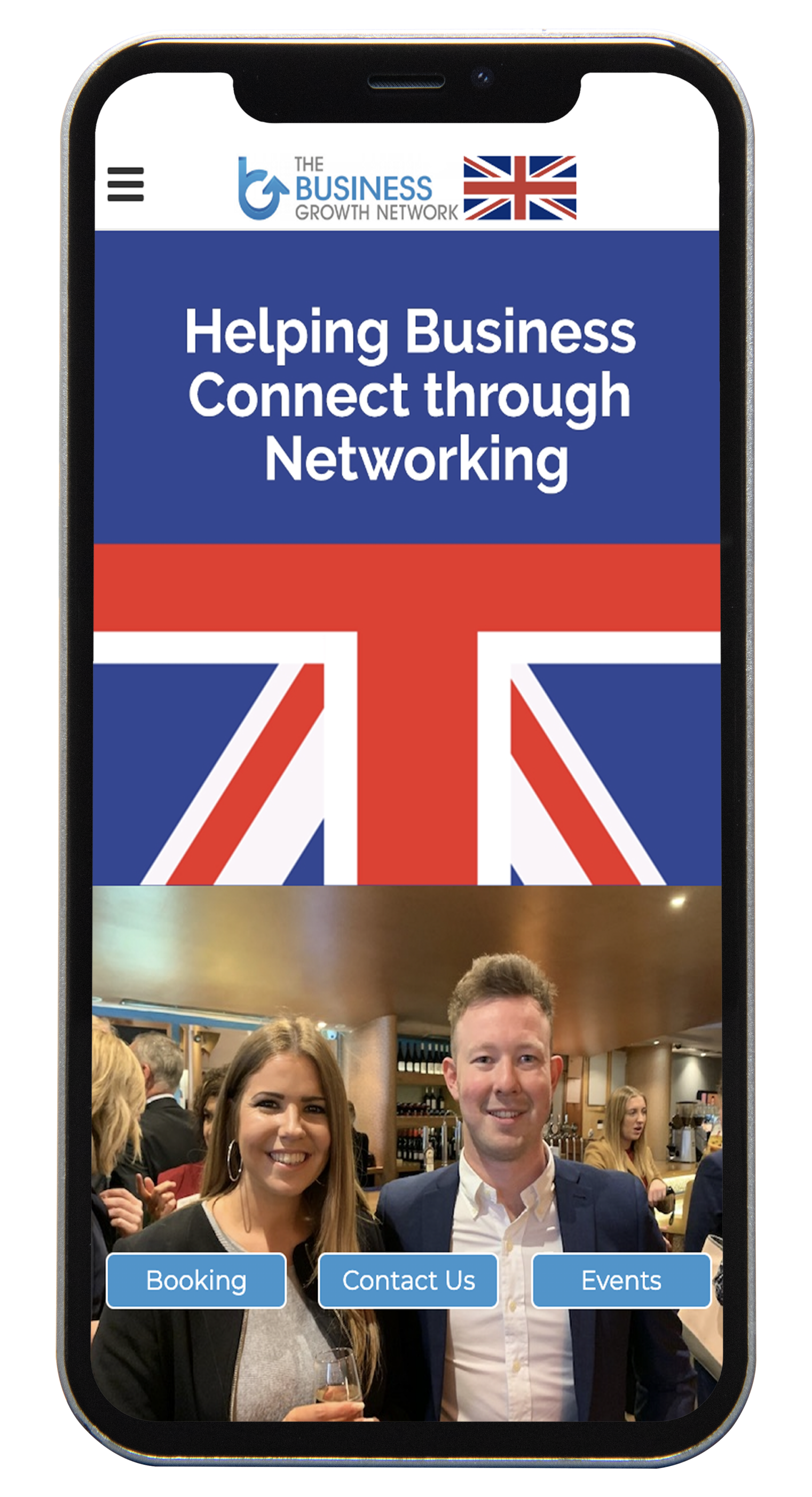 Mobile website promoting business networking with Union Jack design.