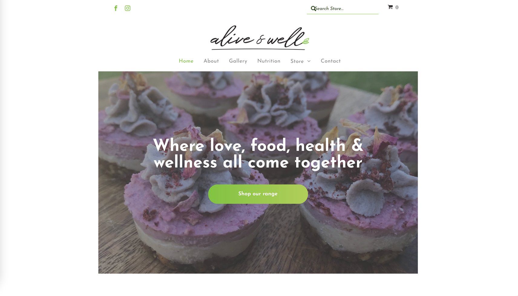 Live & Well website homepage with cupcakes, text overlay, and call to action button.