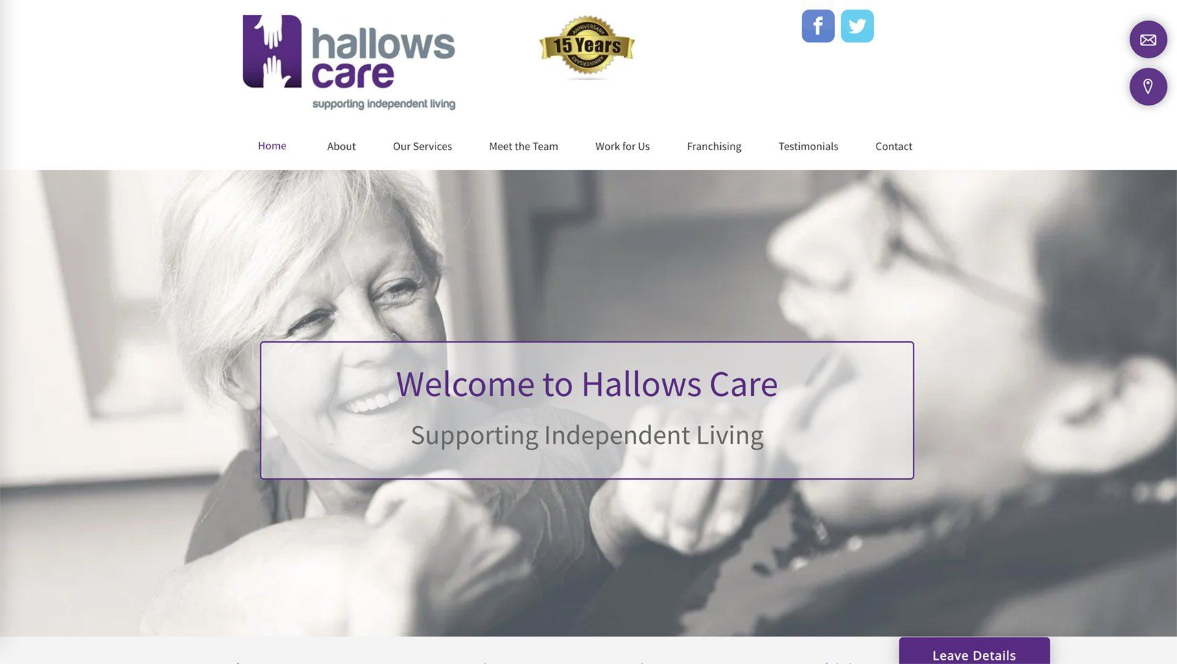 Website homepage of Hallows Care, featuring elderly people and welcoming text.