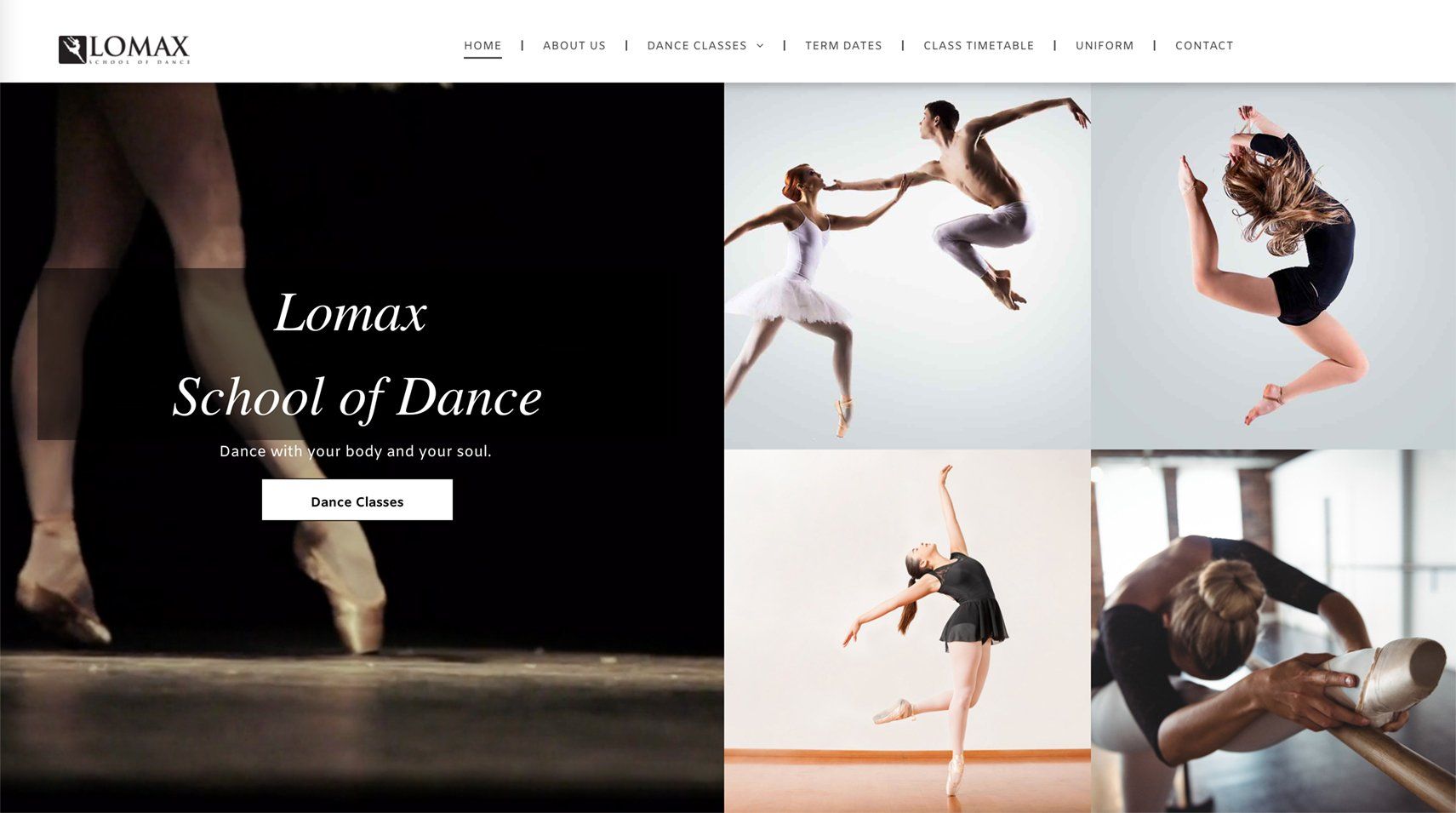 Lomax School of Dance website: dancers in various poses; ballet shoes, leaps, and stretching.