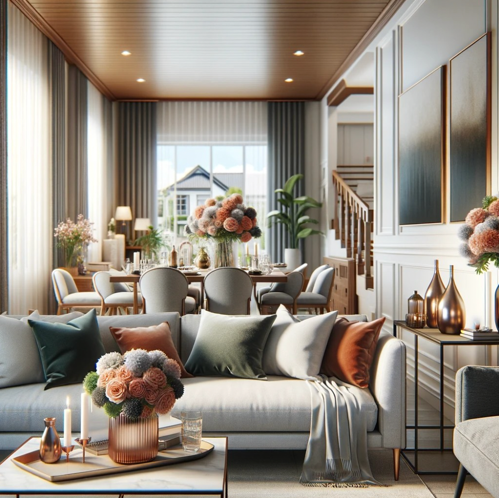Cozy living room with dining area. Gray sofa, velvet pillows, and large flower arrangements create an elegant atmosphere.