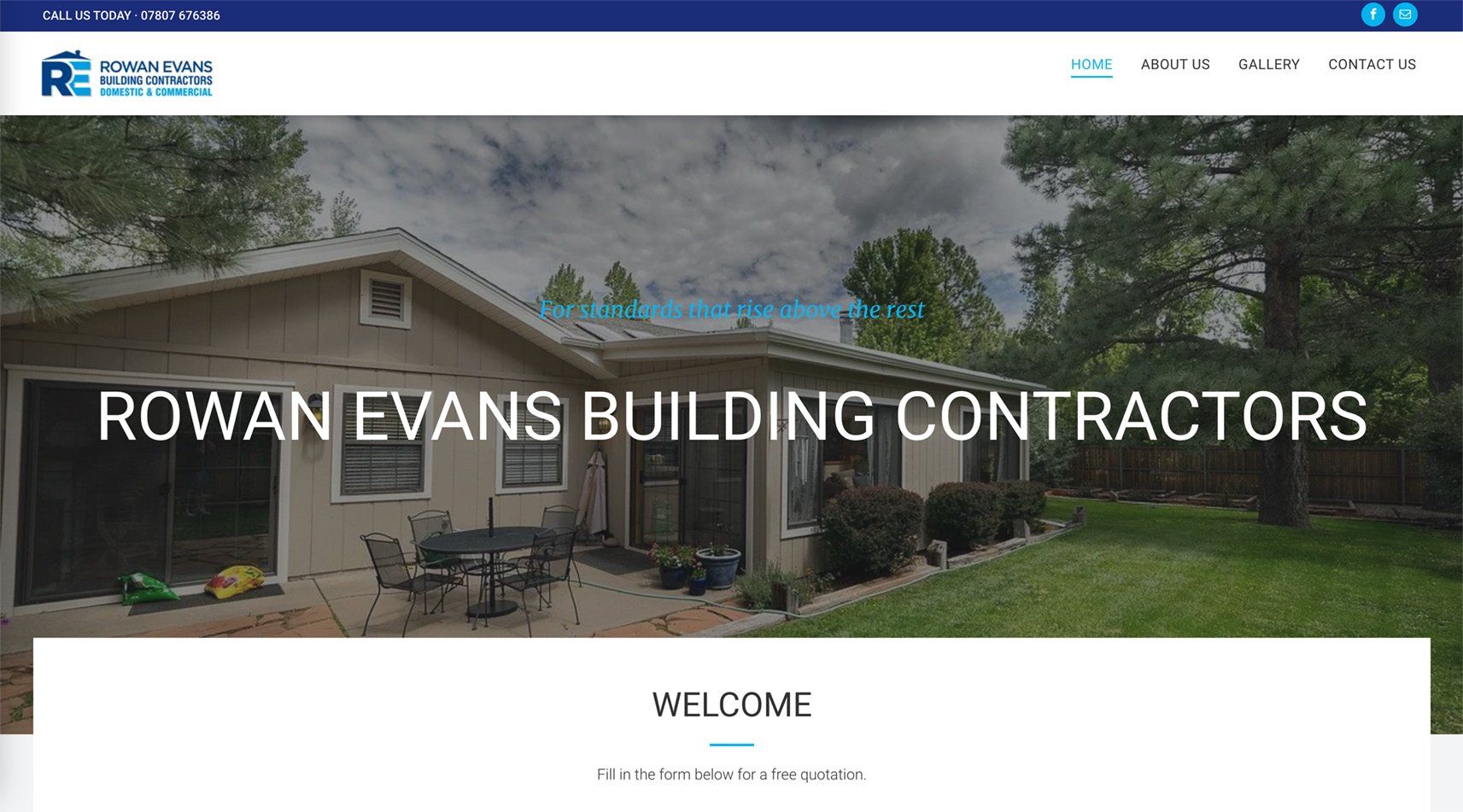 Rowan Evans Building Contractors website homepage with a house, green yard, and company logo.