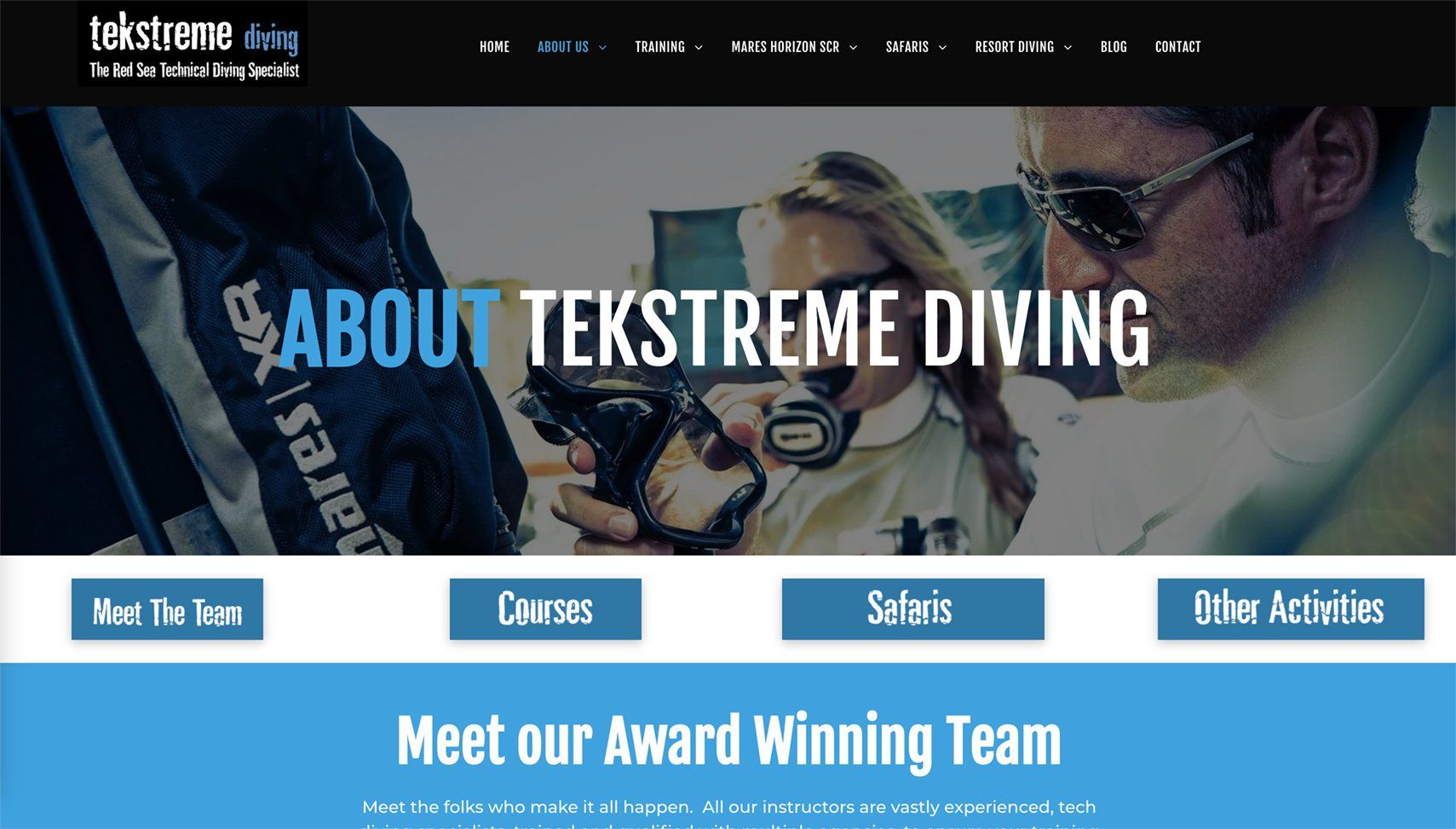Tekstreme Diving website homepage, featuring divers and navigation buttons.