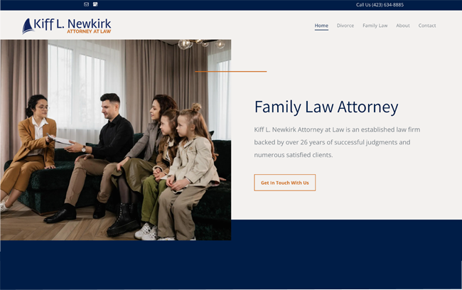 Lawyer consulting with a family on a sofa; website promoting family law services.