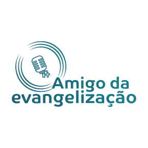 A logo for amigo da evangelização with a microphone in a circle.