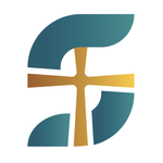 Um logotipo azul e dourado com uma cruz no meio.