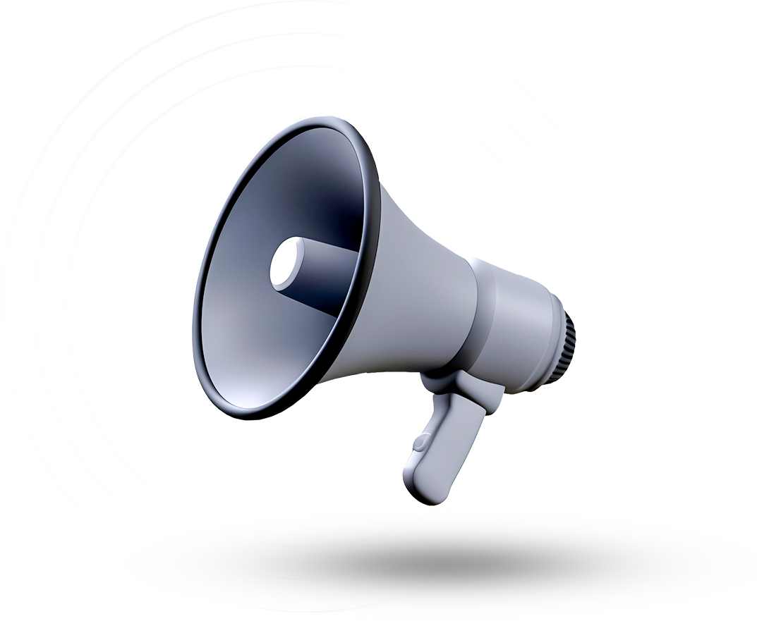 Um megafone cinza com uma alça em um fundo branco