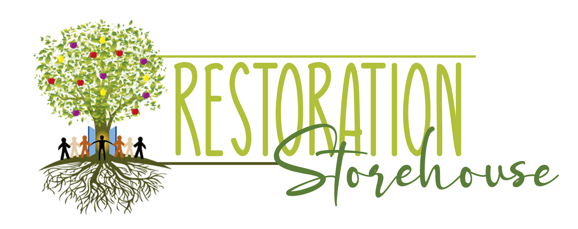 A logo for restoration storehouse with a tree and people standing underneath it.