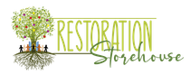 A logo for restoration storehouse with a tree and people standing underneath it.