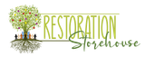 A logo for restoration storehouse with a tree and people standing underneath it.